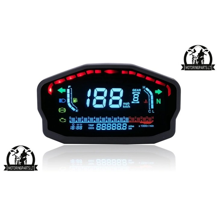 Universalus LCD LED moto spidometras